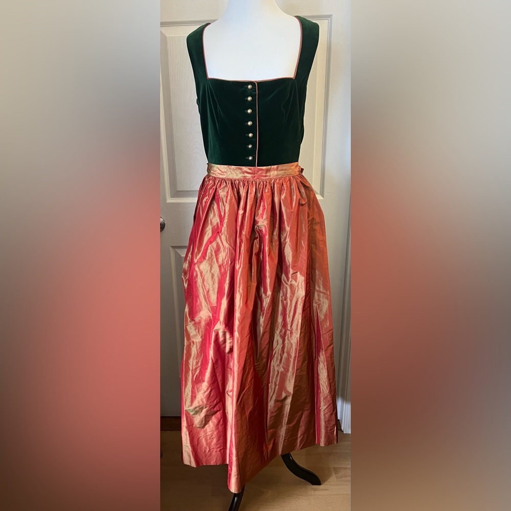 Very High Quality vintage silk, linen & velvet Austrian dirndl - green & orange